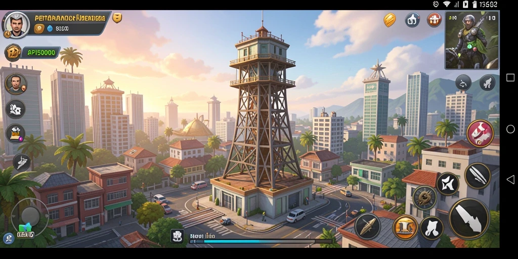Tampilan screenshot utama API5000 menunjukkan menara beraksi menghadapi gelombang musuh.