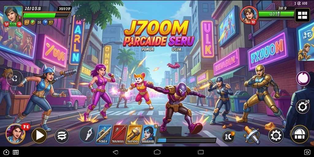 Screenshot utama J200M menampilkan aksi seru gameplay Arcade.