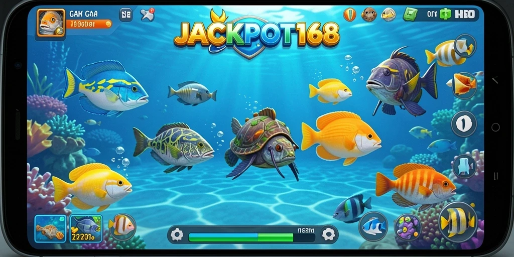 Tampilan gameplay JACKPOT168 saat menembak ikan dengan berbagai senjata.