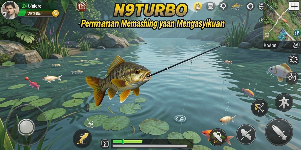 Screenshot N9TURBO menampilkan pemain sedang memancing di lokasi indah.