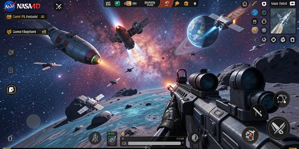 Screenshot gameplay NASA4D menampilkan aksi tembak-menembak yang mendebarkan di luar angkasa.