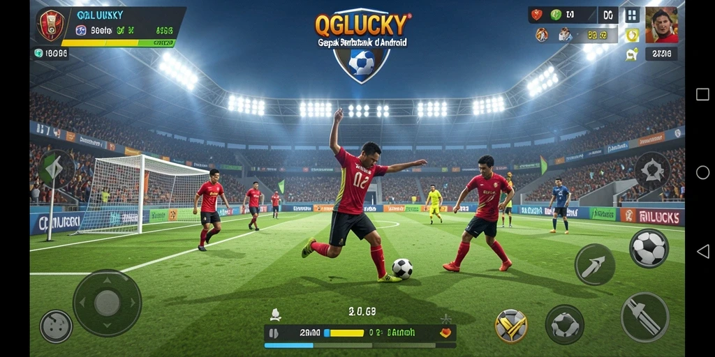 Tampilan gameplay QGLUCKY yang menegangkan saat mencetak gol.