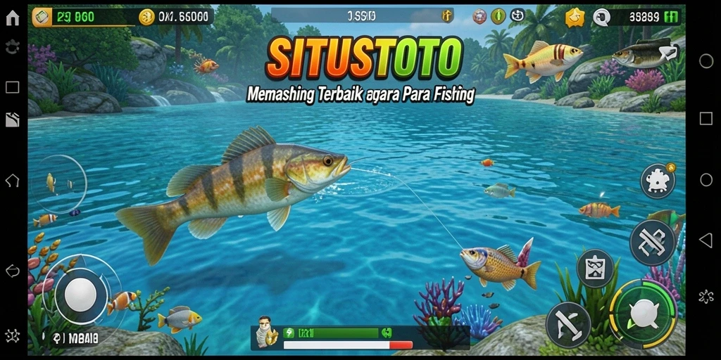 Screenshot menampilkan gameplay memancing yang seru dan interaktif.