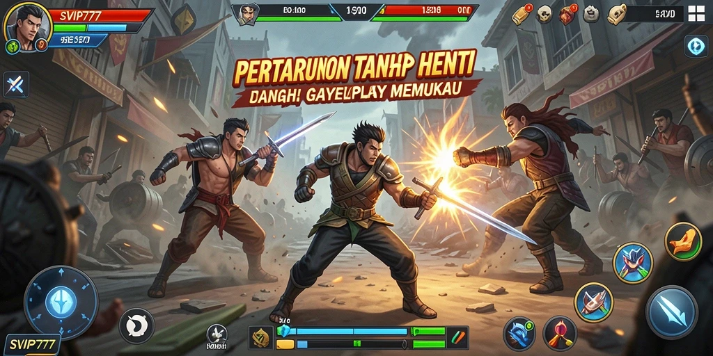 Screenshot utama SVIP777 menampilkan aksi pertarungan karakter yang dinamis dan bersemangat.